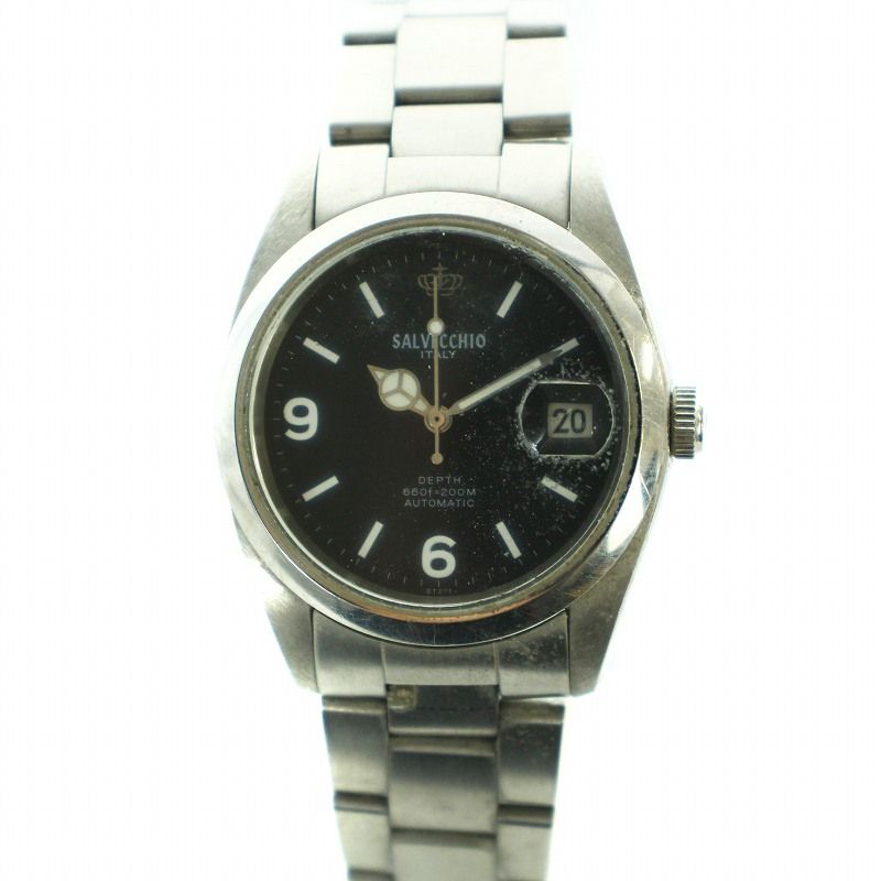 サルベッキオ SALVECCHIO DEPTH 660f=200M 腕時計 ウォッチ 自動巻き デイト カレンダー付き黒文字盤 シルバー色 ■GY18 /MQ