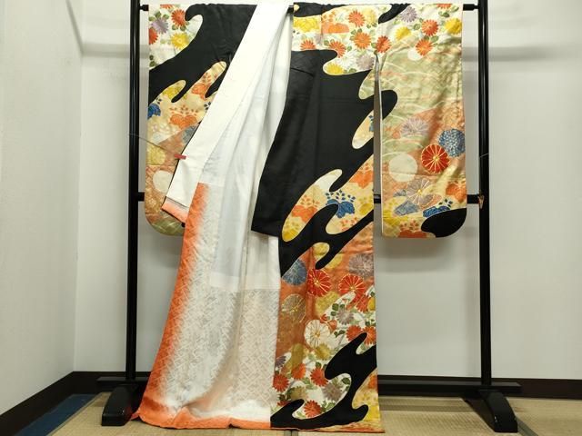 平和屋着物□豪華振袖 駒刺繍 エ霞菊吉祥文 黒地 金彩 正絹 逸品 平和屋着物□豪華振袖 駒刺繍 エ霞菊吉祥文 黒地 金彩 正絹 逸品