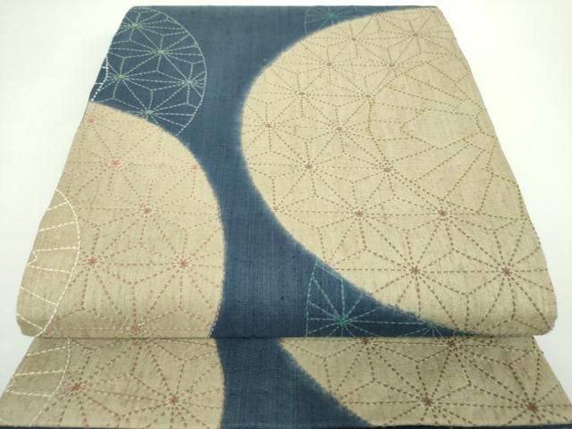 平和屋着物●六通柄袋帯　紬地　刺し子　総刺繍　変わり麻の葉丸文　正絹　逸品　DAAX4751ps 平和屋着物○六通柄袋帯 紬地 刺し子 総刺繍 変わり麻の葉丸文 正絹