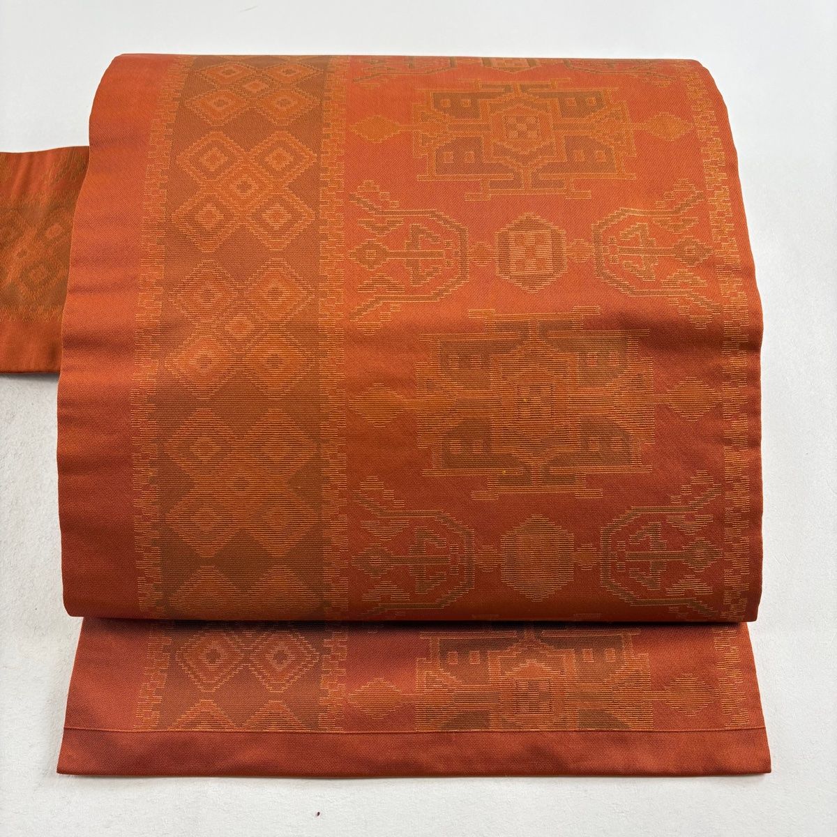 名古屋帯 美品 優品 八寸名古屋帯 花唐草 朱色 正絹 【中古】 名古屋帯