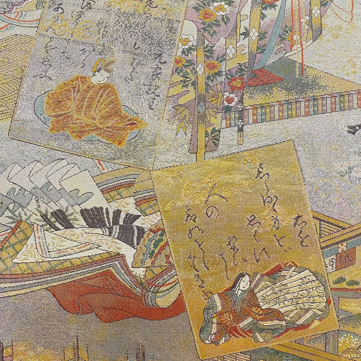 袋帯 美品 名品 小倉百人一首 箔 灰紫 全通 正絹 【中古 袋帯 美品 名品 小倉百人一首 箔 灰紫 全通 正絹 【中古