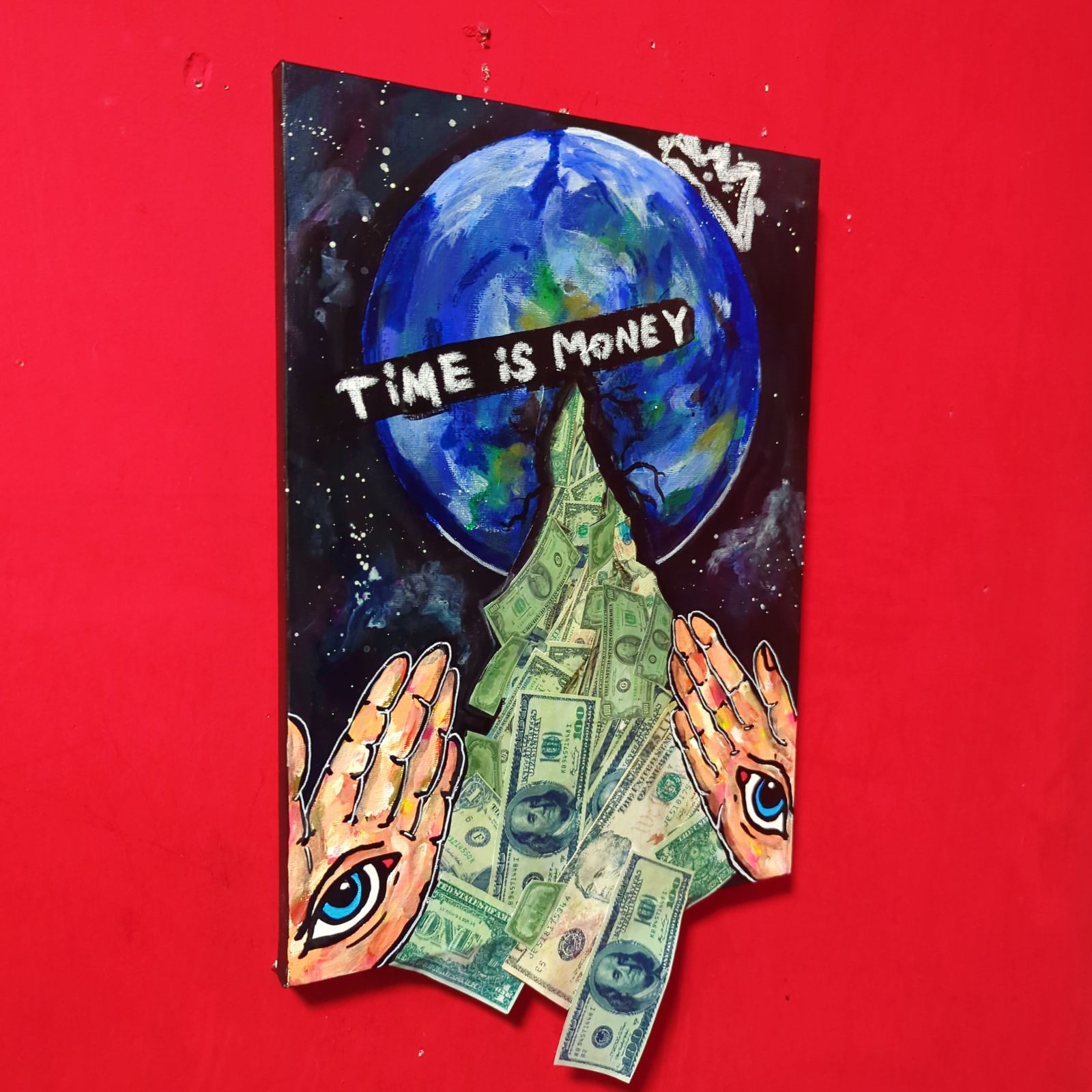 【＊作品整理の為SALE＊】TIME is MONEY 宇宙 現代アート 絵画 イラスト コラージュ 地球 メッセージ