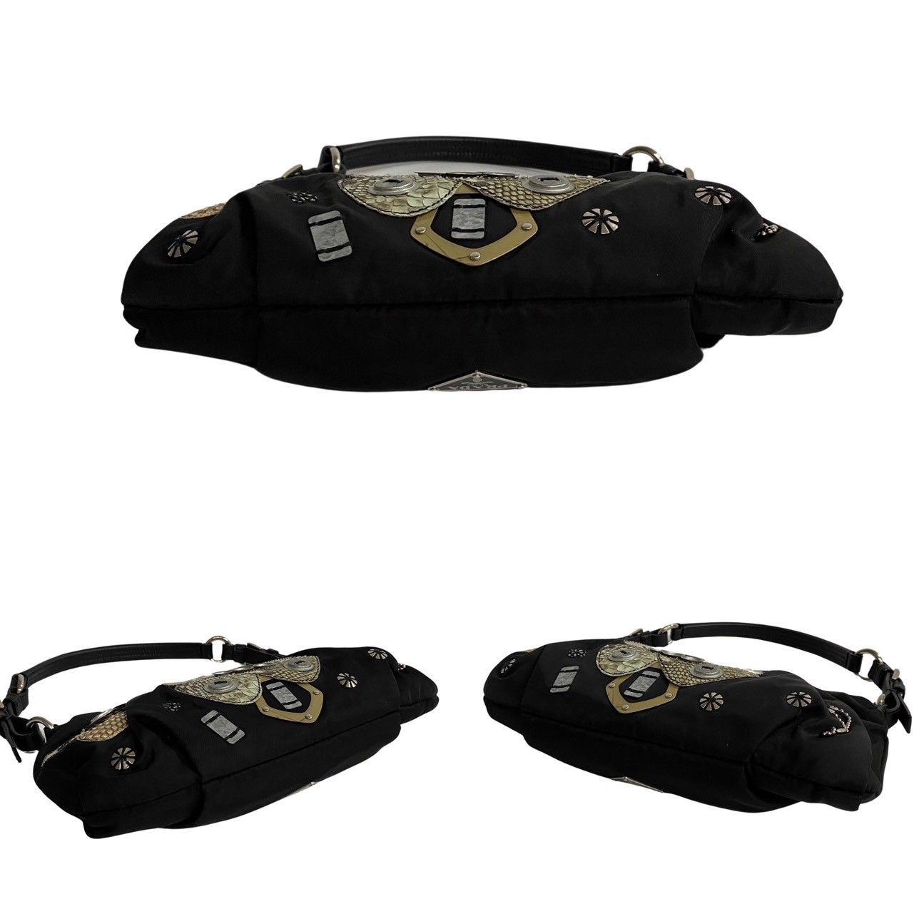 極 美品 PRADA プラダ 三角ロゴ 金具 パッチワーク ナイロン レザー 