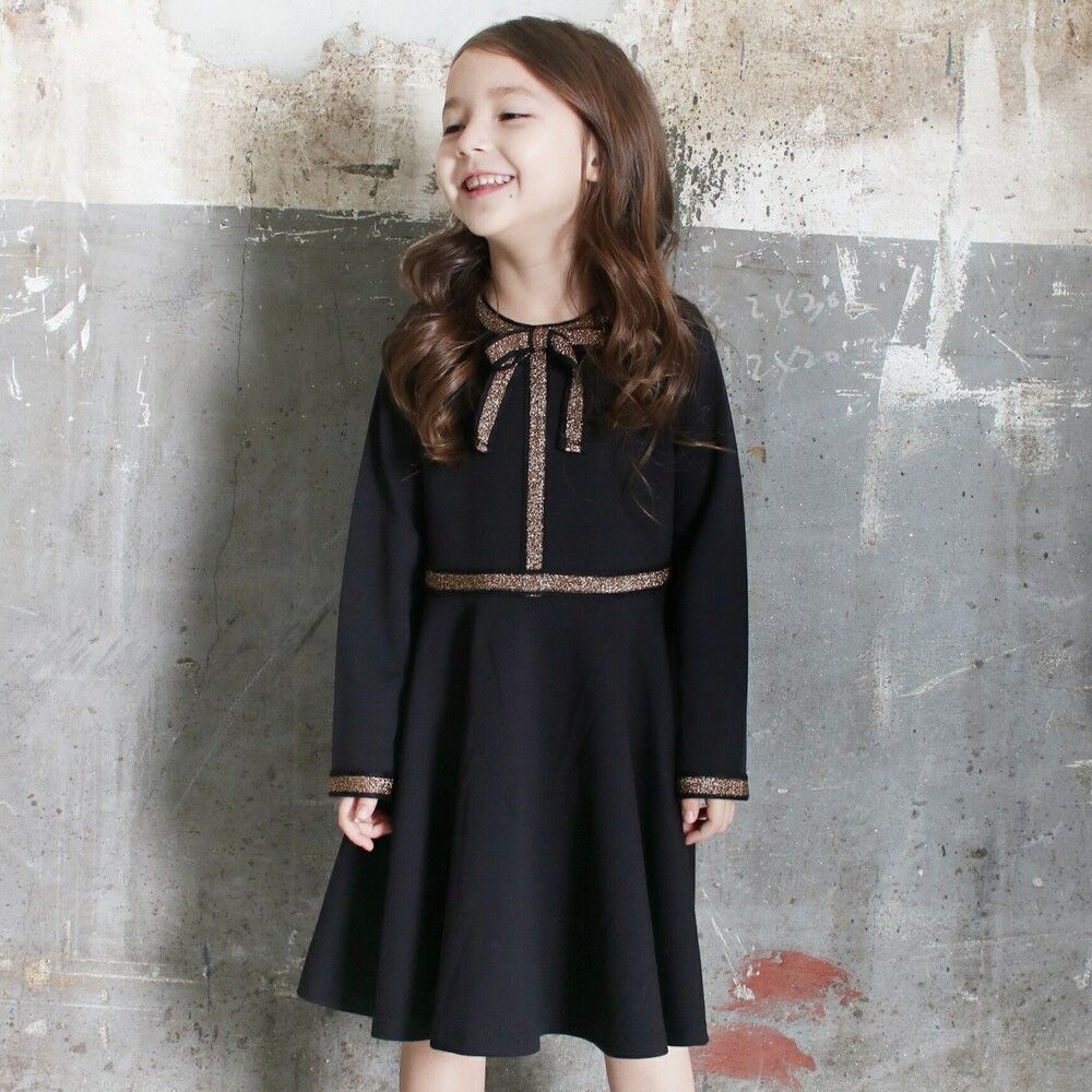ブラック  100cm  ポーラワンピース ワンピース キッズ 長袖 ドレスワンピース 12062002 子供 ドレス 女の子 結婚式 パーティ 発表会 七五三 卒園式 入園式 入学式 リボン ゴールド 黒 ブラック か