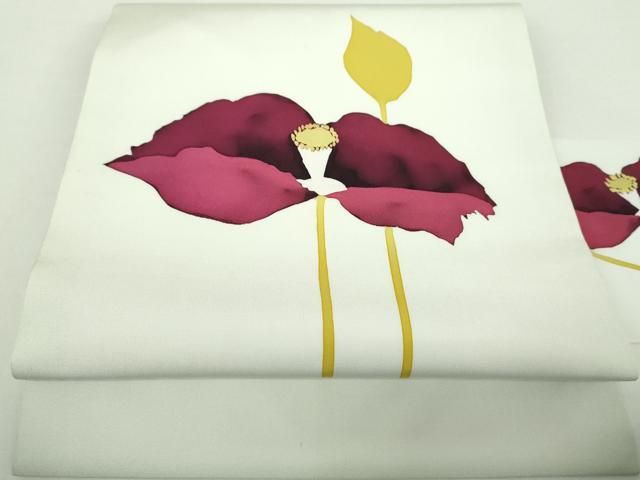 平和屋着物●塩瀬 九寸名古屋帯 ろうけつ染め 草花文 正絹 DAAY1651ps