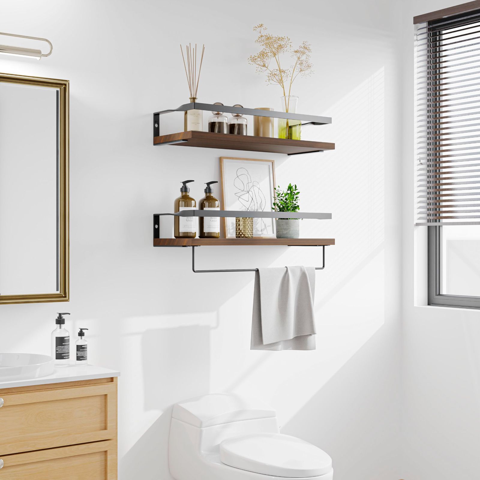 ウォールシェルフ 3段 ウォールラック 木製 ロープ棚 壁 吊り棚 壁面