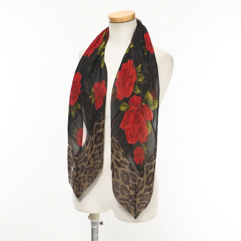 ■美品■DOLCE & GABBANA ドルチェ アンド ガッバーナ 薔薇 レオパード シルクシフォン 大判 スカーフ《82cm×82cm》イタリア製 ドルガバ バラ ヒョウ柄 ブランド古着【中古】20220921/GL7152