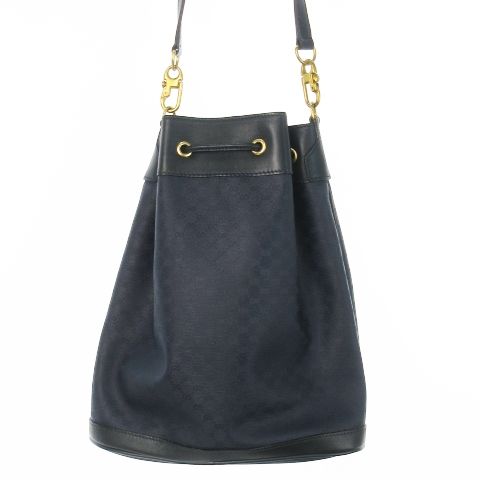 【オールドグッチ】GG柄 巾着ショルダーバッグ PVC×レザー ネイビー 紙タグ グッチ GUCCI オールドグッチ ヴィンテージ ワンショルダー