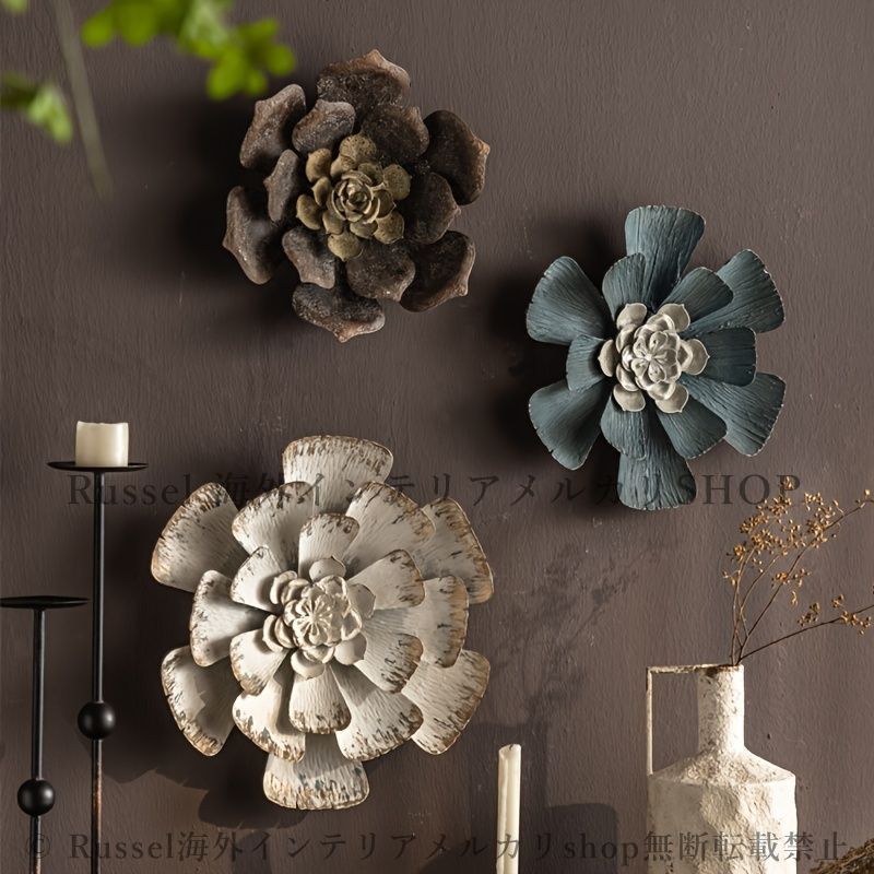メタルウォールアート 壁掛け モダン 北欧 ウォールインテリア 花 フラワーモチーフ 立体 アンティーク風 ヴィンテージ風 ホームデコ 壁面ディスプレイ おしゃれ リビング 玄関 4 7
