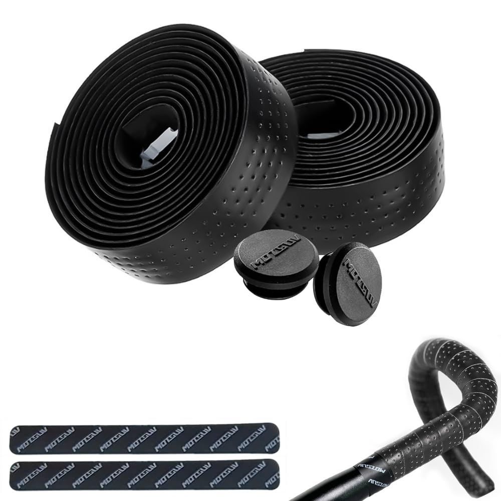 KASELIN バーテープ レ ロードバイク用 ザー調PU EVA製 自転車用グリップ 穴あき 滑り止め ドロップハンドルバーテープ ロードバイク 左右セット エンドキャップ エンドテープ付属 ブラック