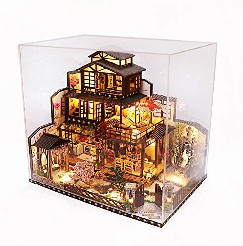 ドールハウスDIYミニチュアルームセット 温泉ヴィラLEDライトアセンブリモデルおもちゃ| クリスマスプレゼント用のダストカバー付きDIYドールハウスキットミニチュア家具