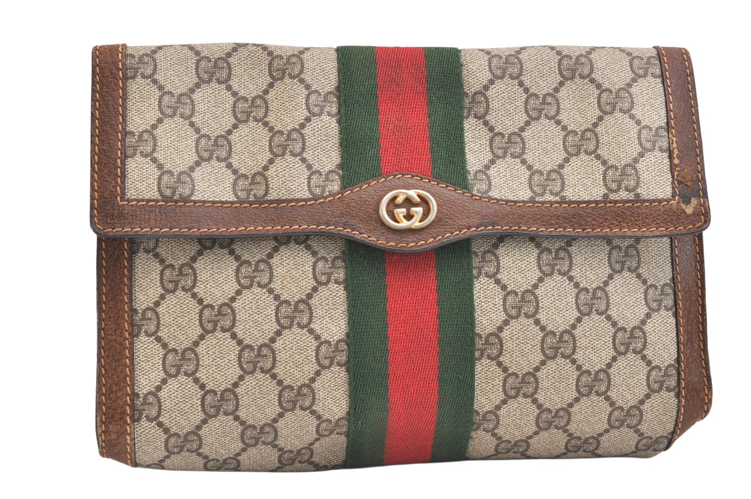 GUCCI グッチ ウェブ シェリーライン クラッチハンドバッグ 財布 GGピーブイシー レザー ブラウン 2434N