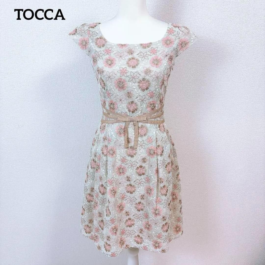 トッカ 花柄刺繍 Aラインフ 半袖ワンピース 34