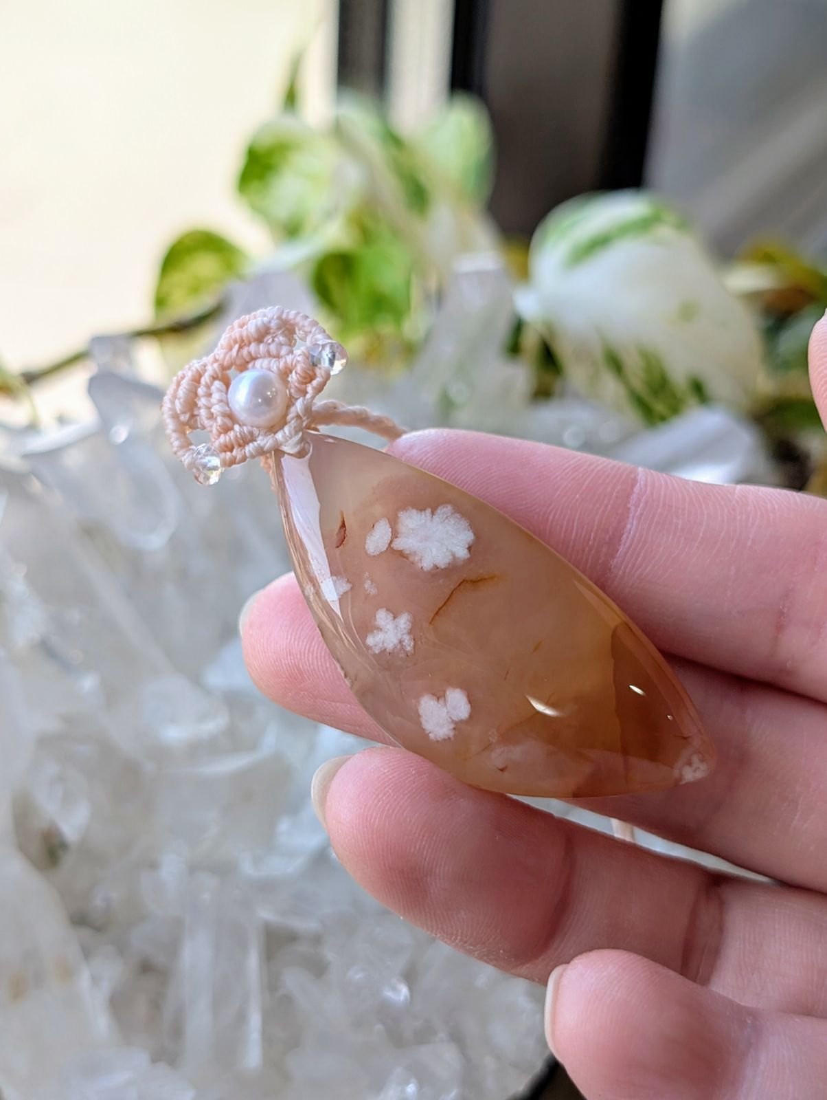 ☆チェリーブロッサムアゲート・桜瑪瑙☆マクラメ編みネックレス C 306