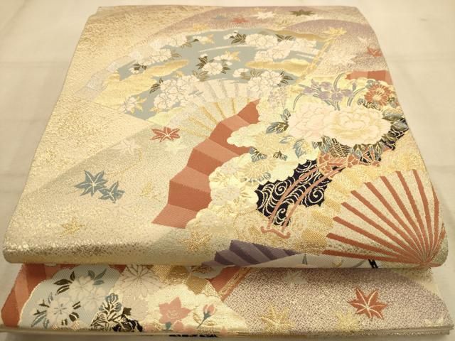 平和屋着物◎六通柄袋帯 唐織 扇面花文 金糸 正絹 逸品