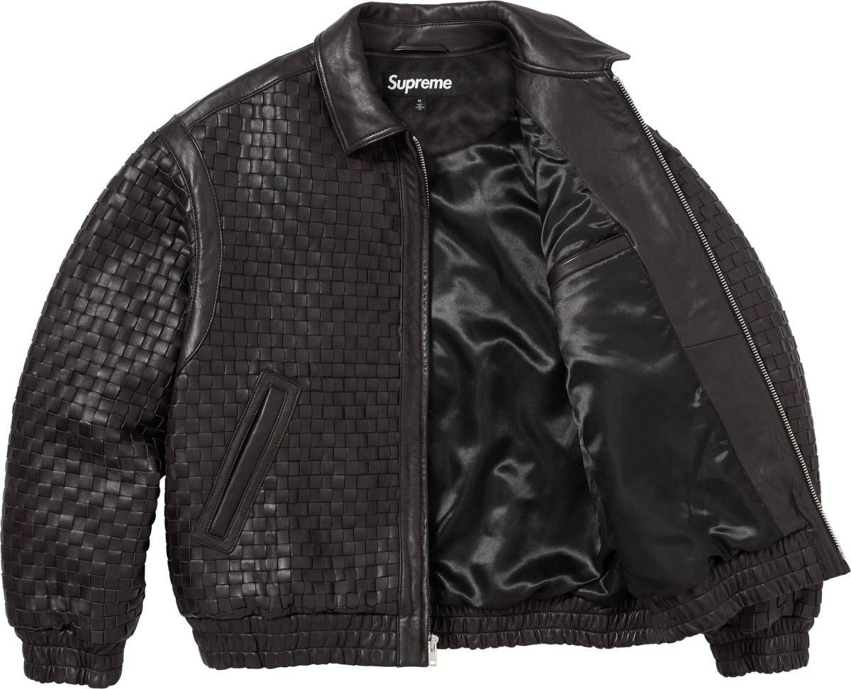 23FW SUPREME シュプリーム WOVEN LEATHER VARSITY JACKET XXL 黒 編み込み レザージャケット ブルゾン