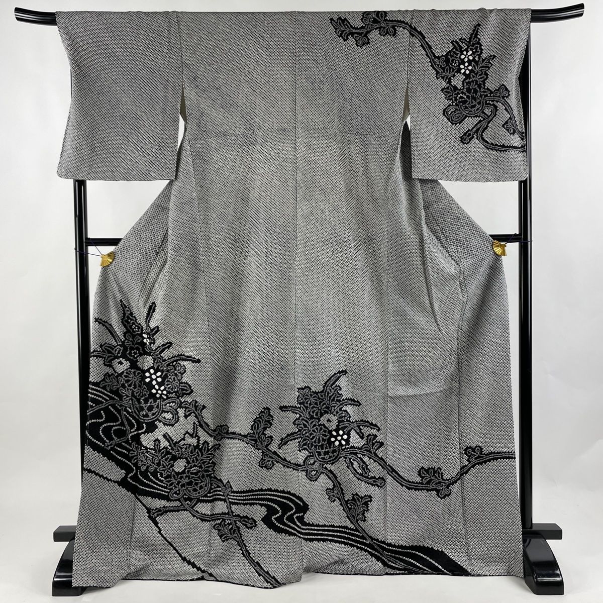 訪問着 身丈170cm 裄丈69cm L 袷 花籠 組紐 絞り 黒灰 正絹 美品 名品 【中古】