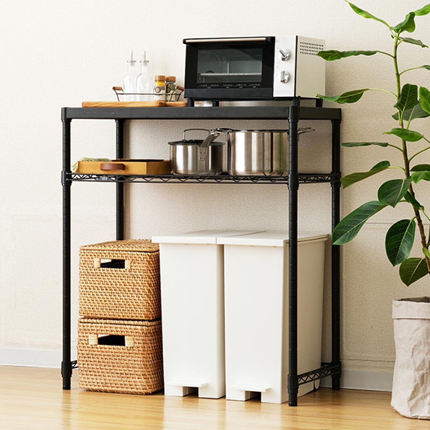 数量 オシャレな黒 作業台 炊飯器 コの字バー レンジ台 大型レンジ対応 全体耐荷重160kg ウッドシェルフ スリムゴミ箱上ラック 2段 幅80 幅81×奥行41×高さ90cm 棚 キッチンラック ノワール NO8090-2KW ルミナス ドウシシャ