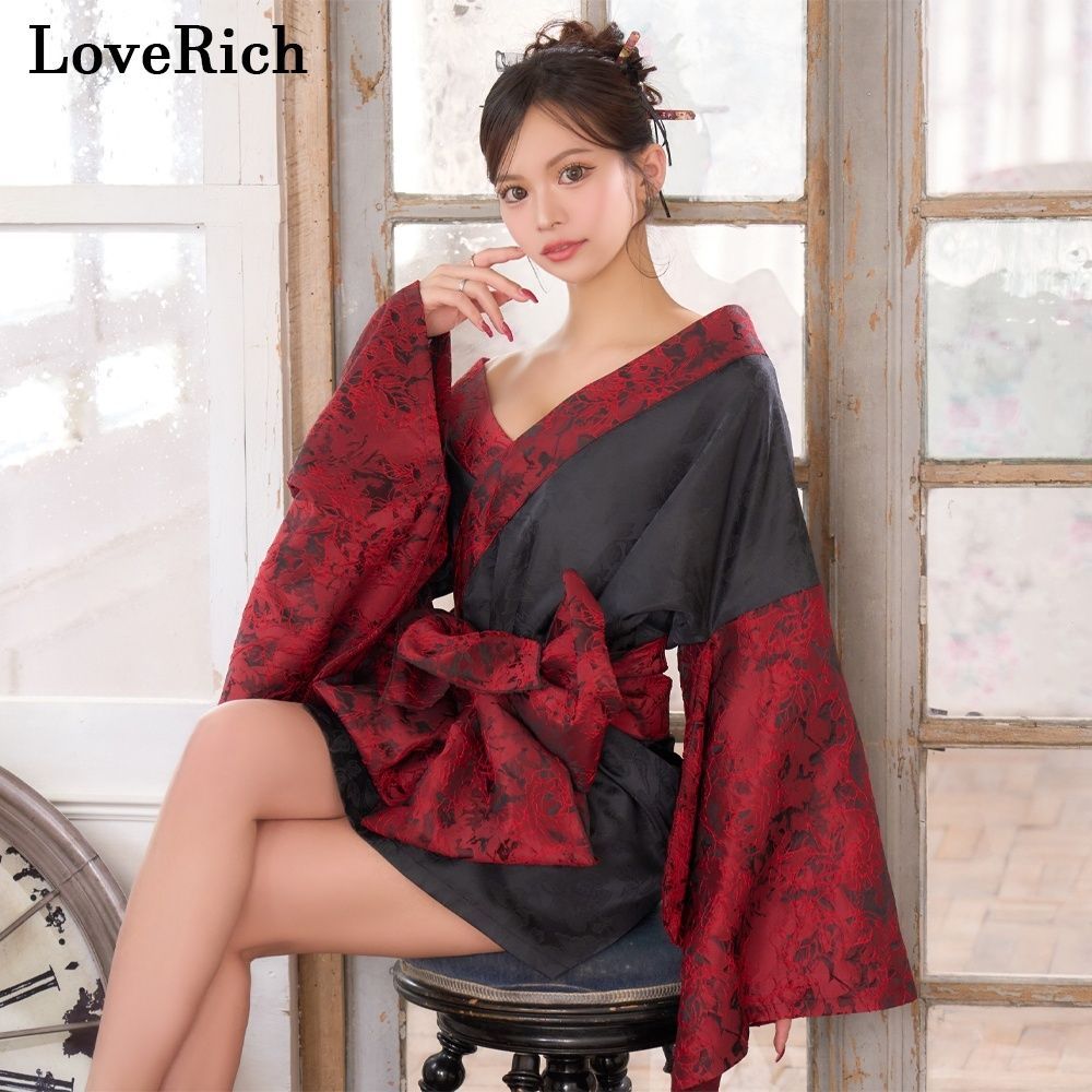 LoveRich ラブリッチ ライン 2点セット 配色 着物ドレス 和柄 衣装 ダンス よさこい 花魁 コスプレ キャバドレス コスプレ イベント ハロウィン 1542