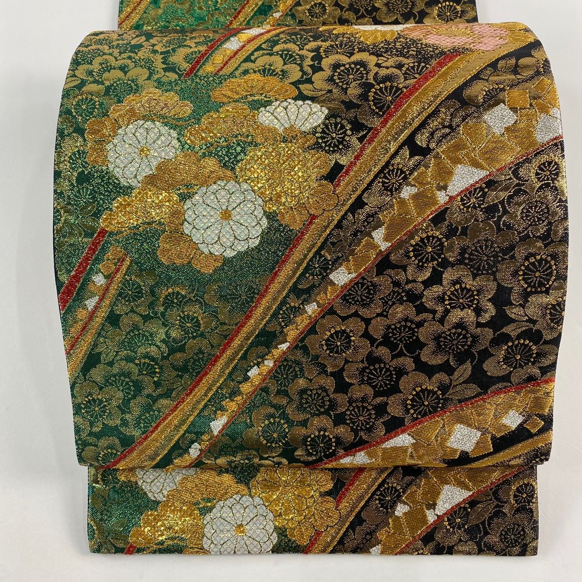 袋帯 秀品 振袖向き 草花 箔散らし 金糸 箔 墨色 六通 正絹