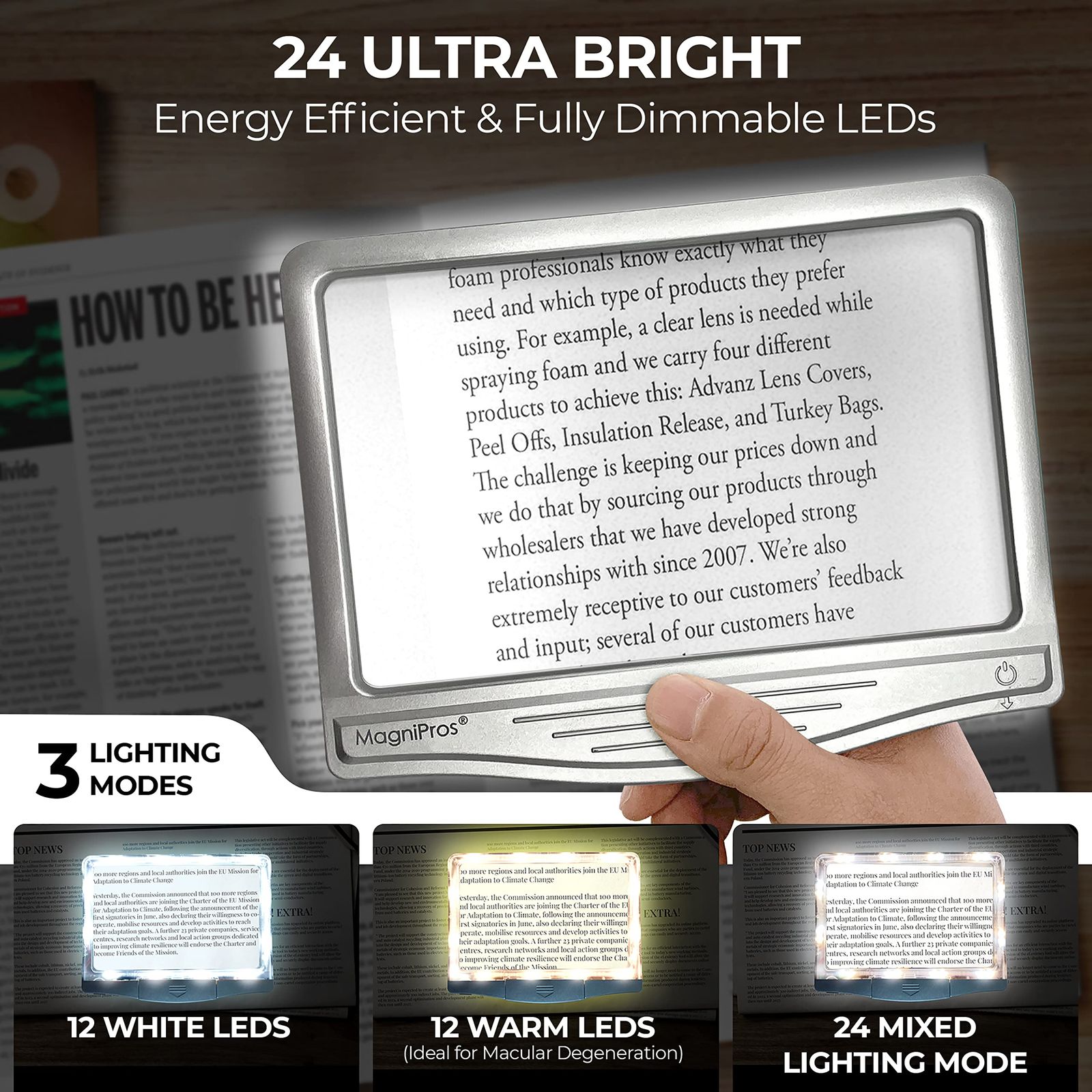12個のアンチグレア調光可能LEDを備えたMagniPros 3X大型超高輝度LEDページ拡大鏡（均等に照らされた表示領域と目の疲れを和らげる） 