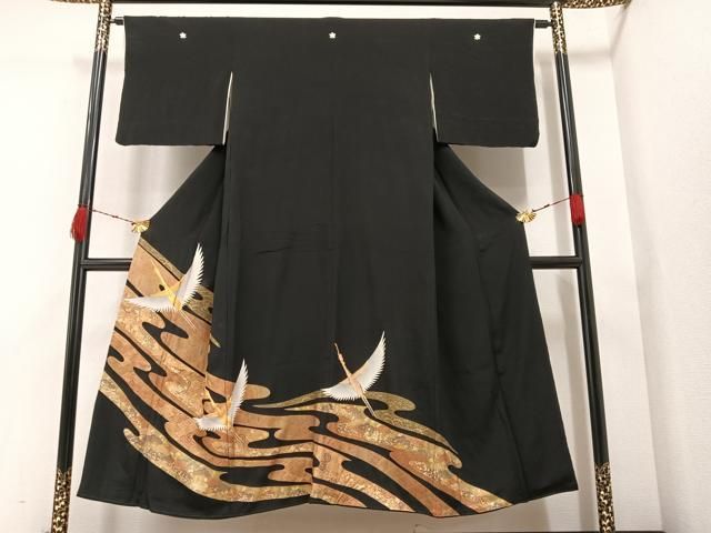 平和屋着物□豪華黒留袖 駒刺繍 群鶴吉祥松文 金彩 正絹 逸品