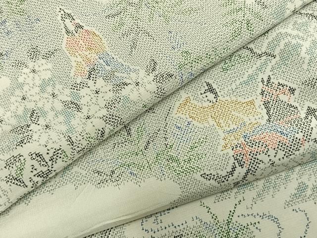 平和屋着物▽上質な紬 単衣 風景人物文 正絹 AABB2188fy
