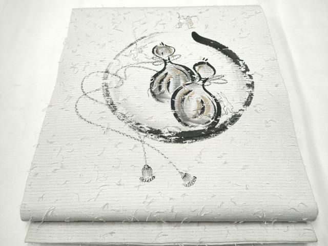 平和屋着物○九寸開き名古屋帯 髭紬 鳥獣戯画 瓢箪文 金彩 正絹
