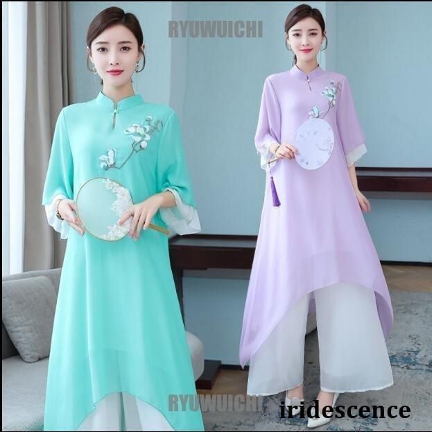 ワンピース チャイナ服 民族衣装風 レディース ロング チャイナドレス 2点セットあり シフォン 民族風 刺繍 五分袖 ガウチョパンツ ワイドパンツ ワンピース チャイナ服 民族衣装風 レディース ロング チャイナドレス