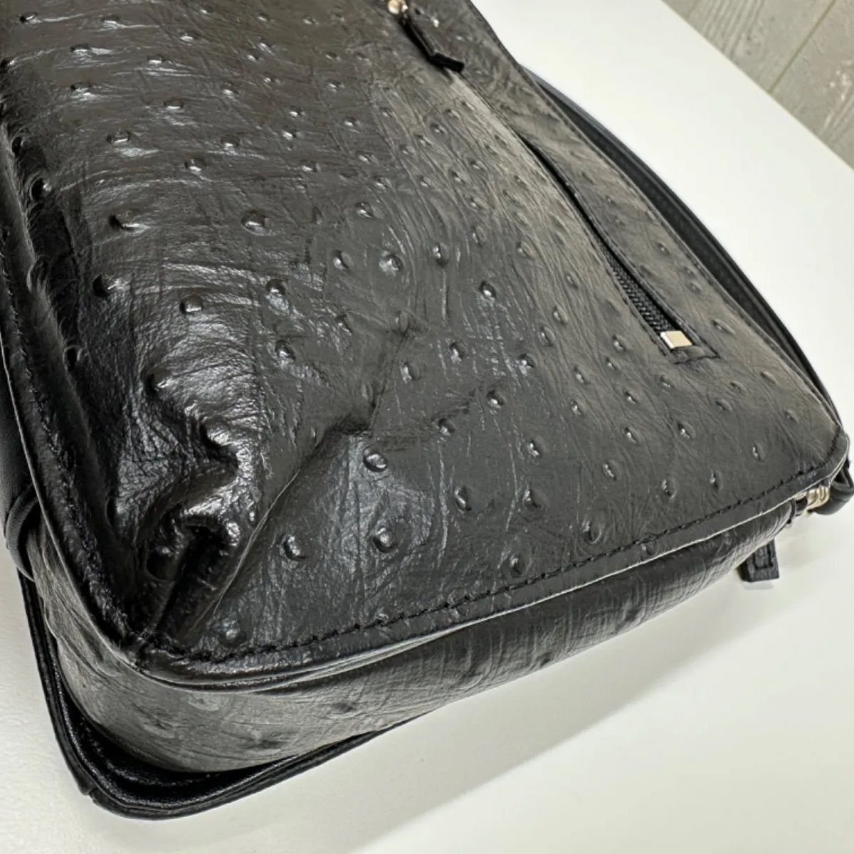 男女兼用】極美品 ジジ ハンドバッグ オーストリッチ レザー 本革 黒 