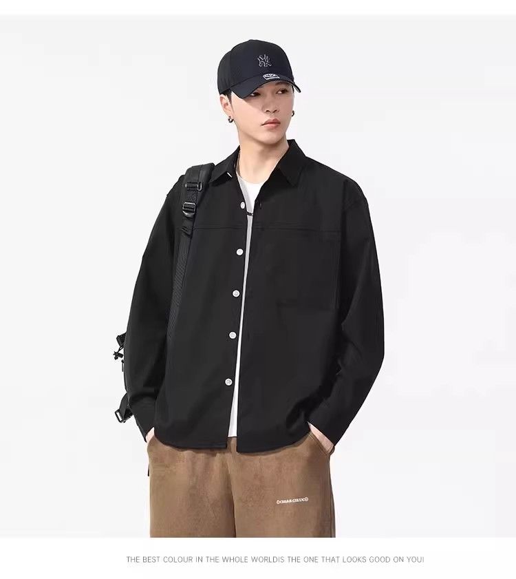 メンズ 感 ノーアイロン長袖シャツ 秋カジュアル ワイドシルエット 工装風 シャツ カーキ グレー ブラック