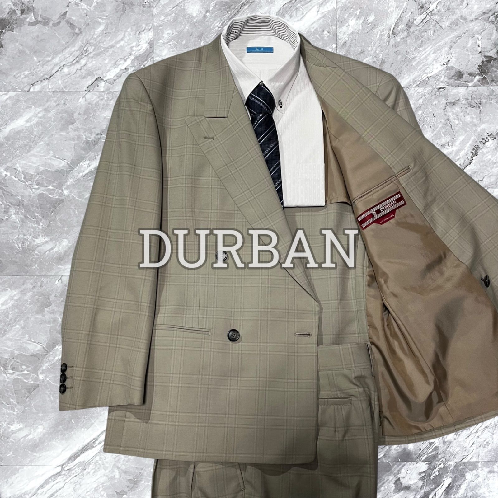 ♥級 訳あり DURBAN ダーバン セットアップ スーツ 上下セット ヴィンテージ チェック ダブルブレスト ウール グレー系 灰色系 サイズS相当