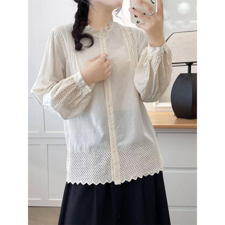 100%綿レース小花柄襟ティーシャツ秋冬長袖トップスプルオーバーBL033独占販売 非正規品にはご注意 在庫残りわずか 花柄 ブラウス シャツ 長袖 森ガール