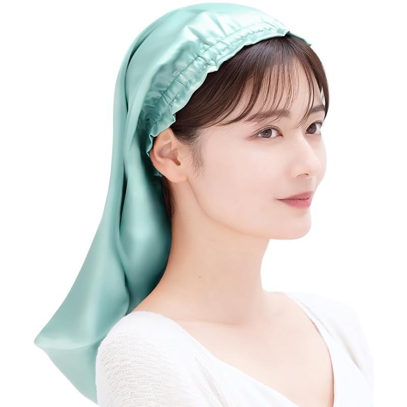 [COCOSILK] シルク ナイトキャップ ロングヘア用 筒型 髪 シルク100% 筒状 ヘアキャップ (45cm， Free Size， グリーン)
