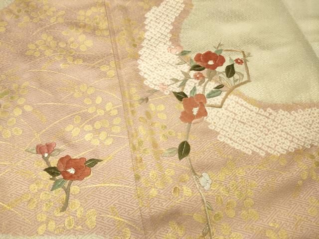 平和屋着物□訪問着 絞り 刺繍 地紙枝花文 椿 ツバキ 金彩 正絹
