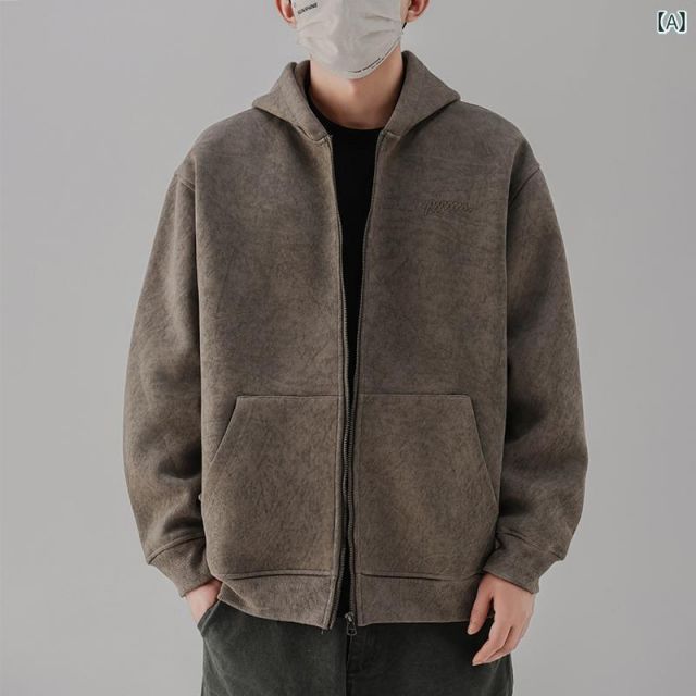 M 秋冬 コーデ メンズ 服 シンプル ファッション オシャレ 大人 かっこいい 大きいサイズ ストリート 紳士服 420 グラム ヘビースウェット シャツ アメリカン カーディガン ジャケット カジュアル レトロ フード付き ジャケット