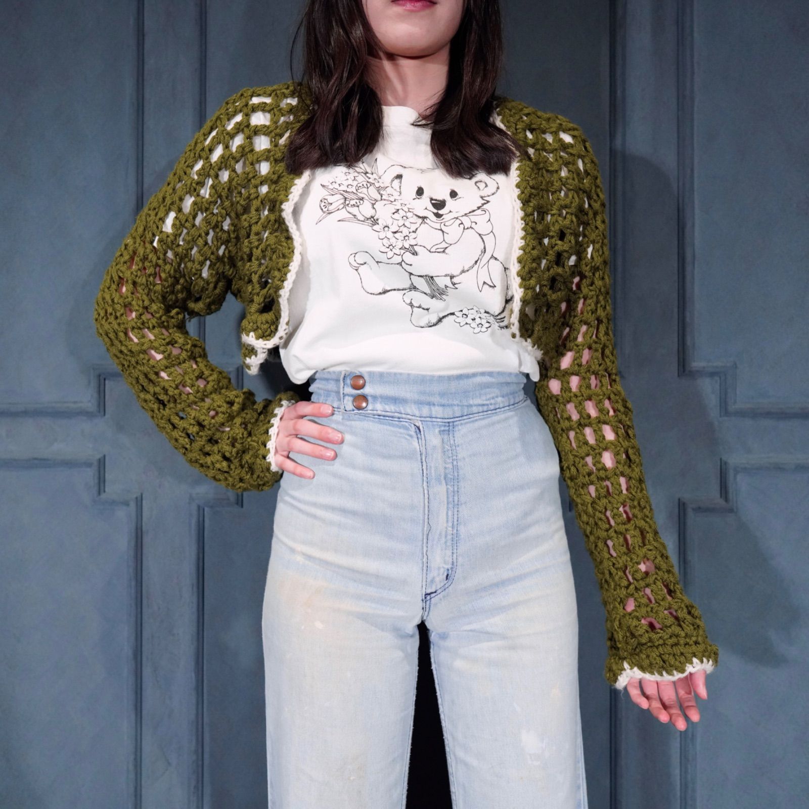 ヴィンテージ鍵あみニット　　古着　ニット　白 USA VINTAGE CROCHET DESIGN SUMMER KNIT CARDIGAN/アメリカ古着