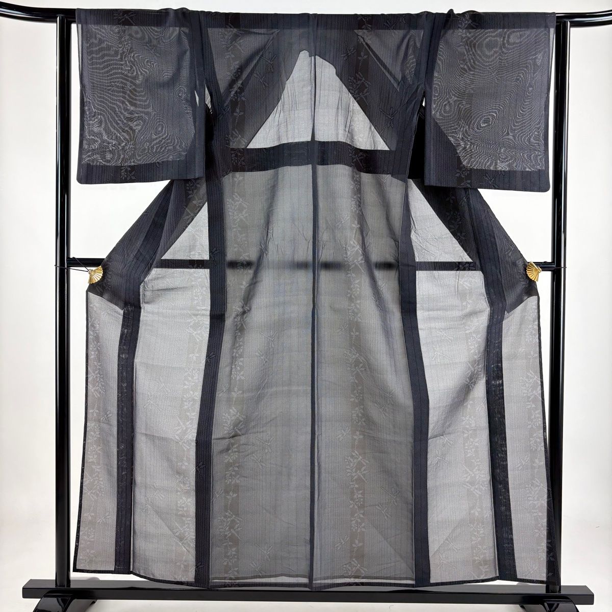 紬 身丈157.5cm 裄丈63.5cm S 薄物 トンボ 草花 濃紺 正絹 秀品