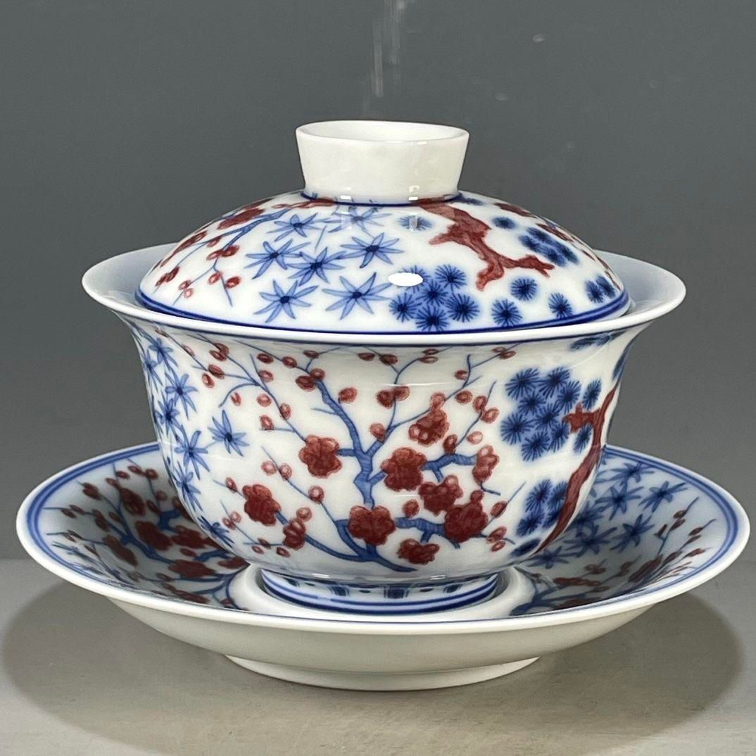 琺瑯彩松竹梅の紋三才蓋碗 中国茶器 蓋付き茶器 飲茶食器 現代工芸品