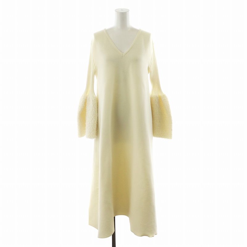 シーエフシーエル CFCL POTTERY REEF LUXE BELL SLEEVE FLARE DR ニットワンピース ロング丈 Vネック 長袖 1 白 ホワイト CF008KH169 |AN28