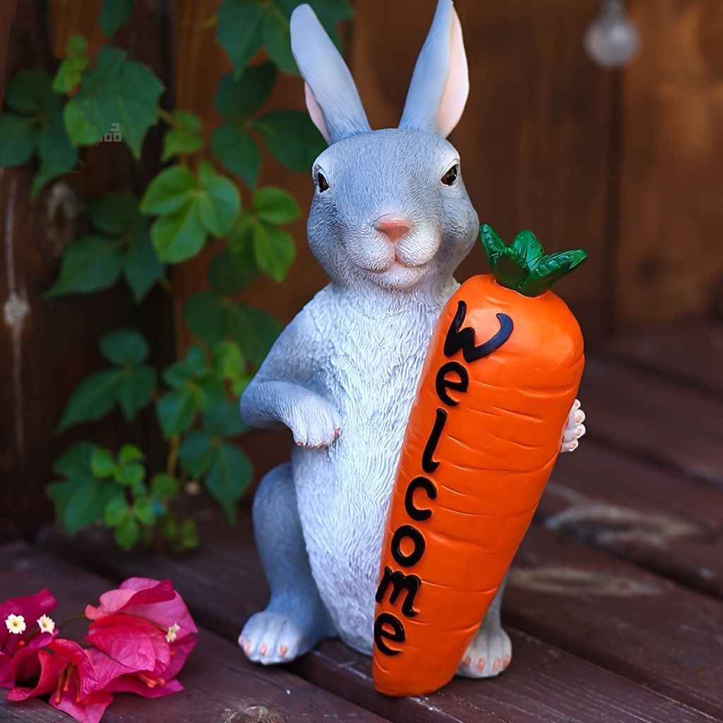 ウエルカムうさぎ　ラビット　 庭　室内　ガーデニング 　インテリア 置物 オブジェ ガーデンオーナメント ウェルカムボードを持っている