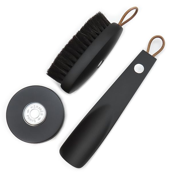 エルメス HERMES 小物 ボリードポーチ シューズケアセット コットン ポリエステル ブラック シルバー金具 靴ベラ ブラシ クリーム 161428ZH01