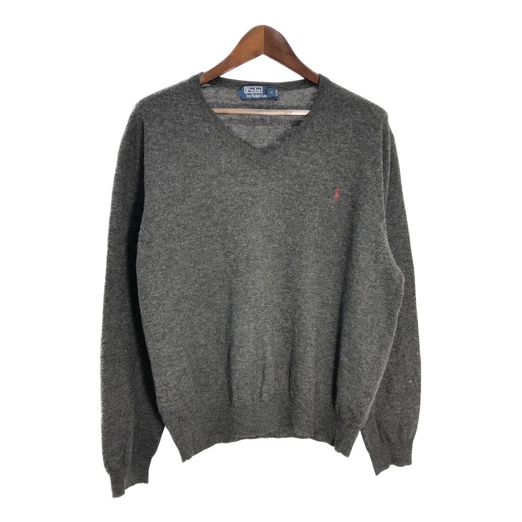 Polo by Ralph Lauren ポロ ラルフローレン Vネック ウール ニット セーター ワンポイントロゴ グレー (メンズ XL) 中古 古着 T1274