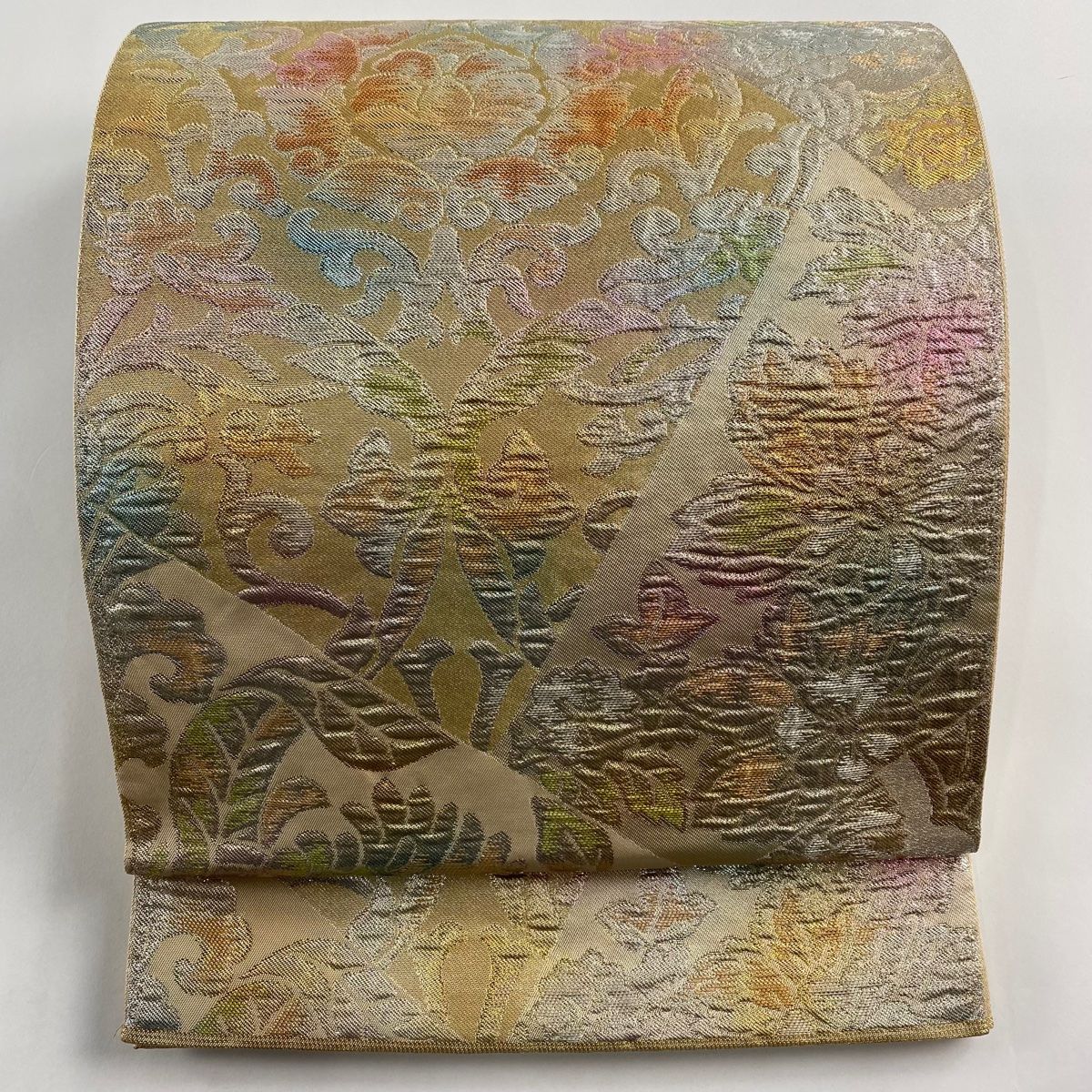 袋帯 名品 川島織物 落款 関西仕立て 花唐草 幾何学模様 銀糸 箔 ベージュ 六通 正絹