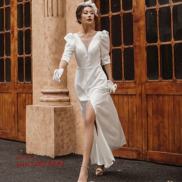 ウェディングドレス 白 ウェディングドレス 大きいサイズ 3L 4L スリット ウエディングドレス ウェディングドレス セクシー 袖あり シンプル 五分袖 yan5a823084