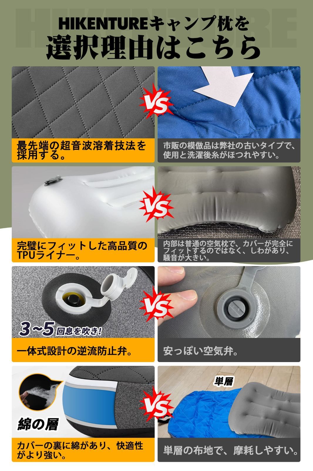 即納 HIKENTURE キャンプ 枕 160g超軽量 ポケットサイズ 固定バンドコットンカバー付き アウトドア 旅行 登山 車中泊に最適なエアー枕 