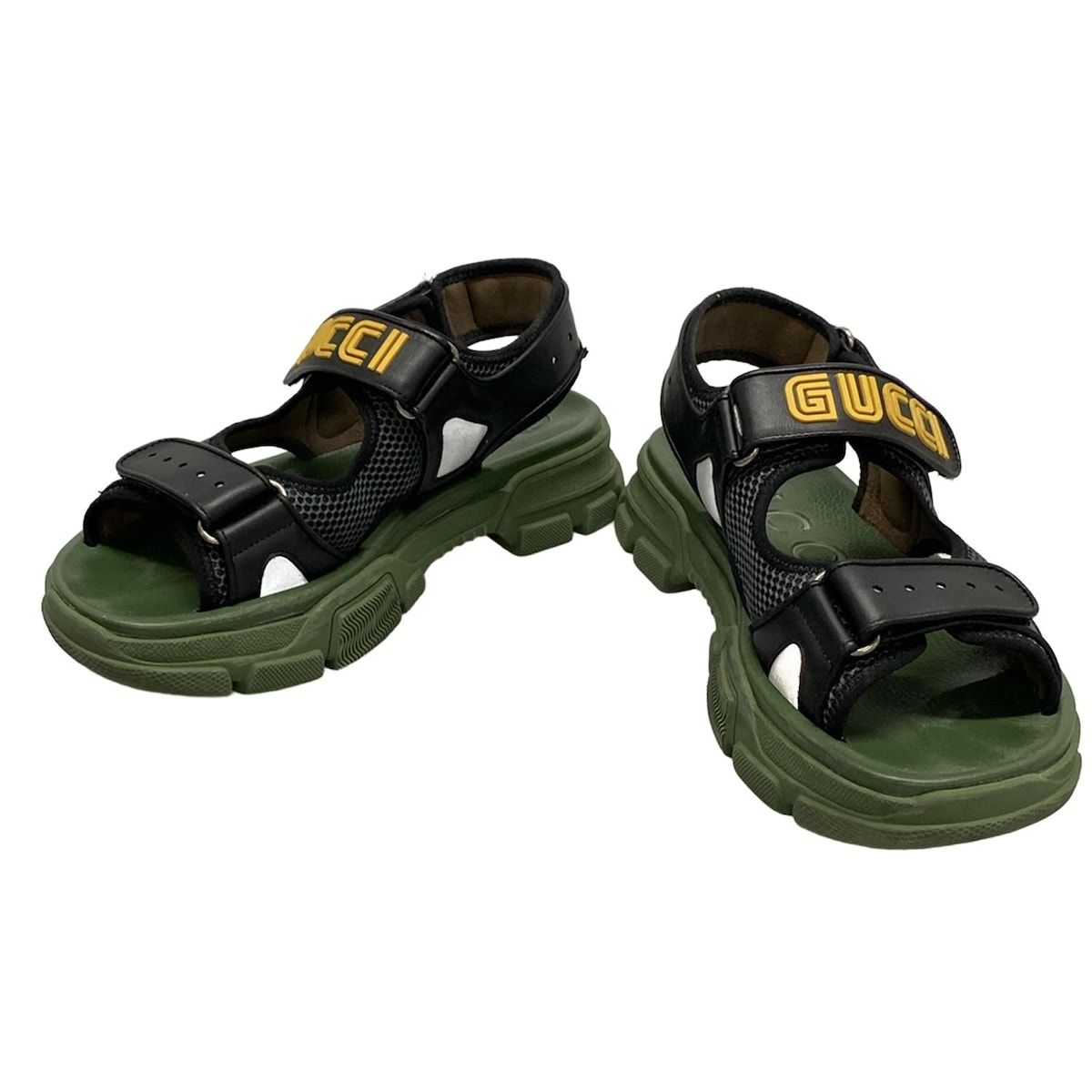 GUCCI グッチ サンダル 8 メンズ - 546064 黒×ダークグリーン×マルチ レザー