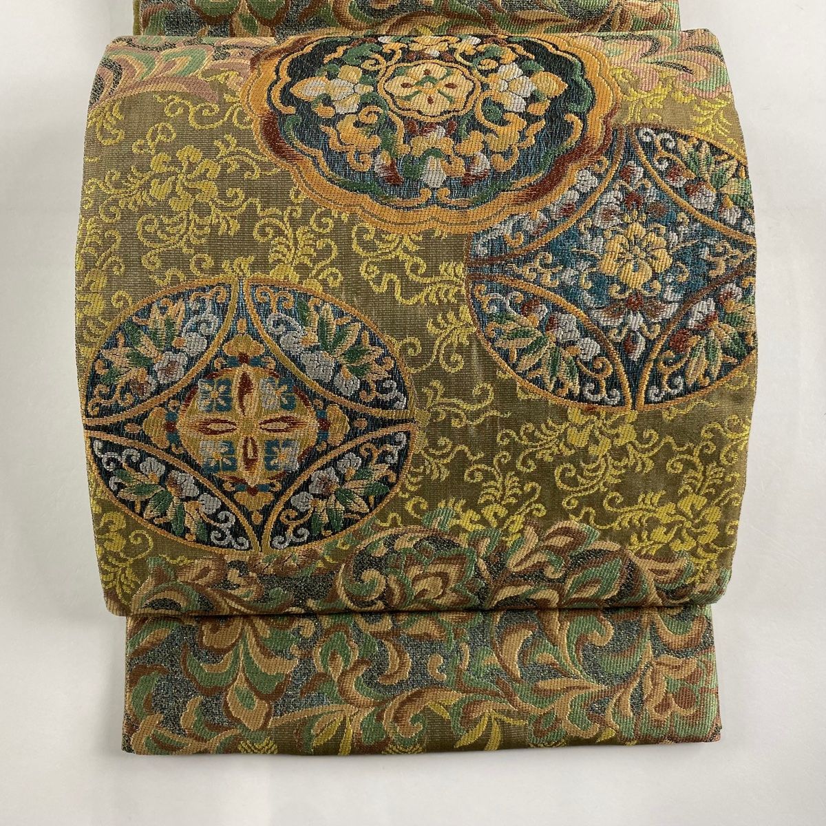 袋帯 秀品 華文 花唐草 金糸 ラメ糸 茶緑色 六通 正絹
