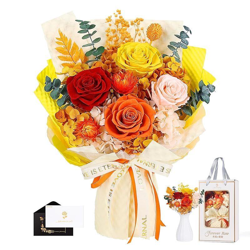 プリザーブドフラワー オレンジ色 花束 4本薔薇 香りあり 花瓶付き 枯れない花 卒業式 誕生日プレゼント バレンタイン 女性 人気 お花 ブーケ プレゼント