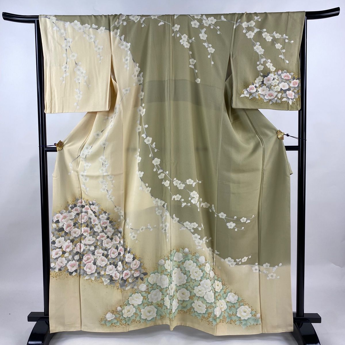 訪問着 身丈164.5cm 裄丈66.5cm M 袷 椿 枝梅 金彩 ベージュ 正絹 名品